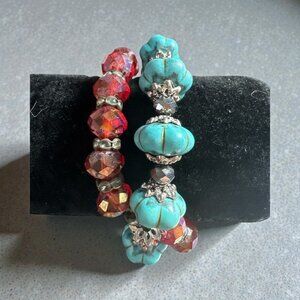 Turquoise & Red Beaded Stretch Bracelets With Silver Accents